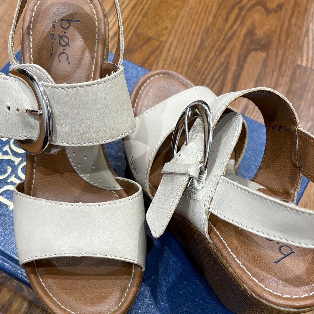 boc Cream Leather Wedge Sandals with Oversized Silver Buckle - Picture 12 of 14